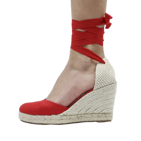 700 cherry red ankle wrap wedge