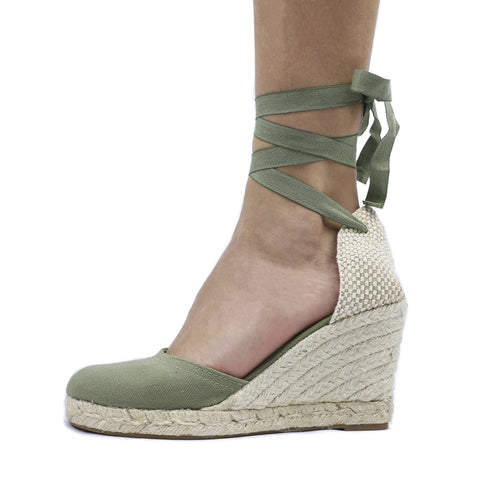 700 olive green ankle wrap wedge