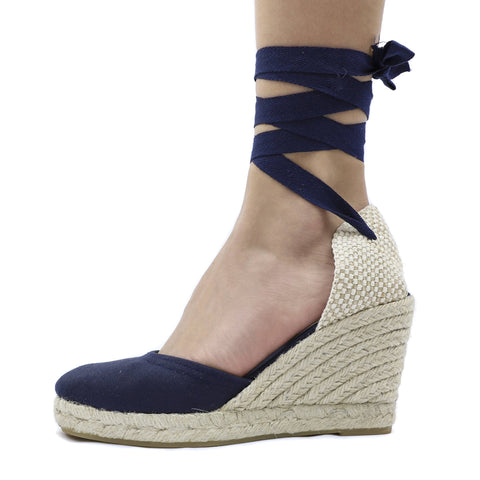700 navy blue ankle wrap wedge